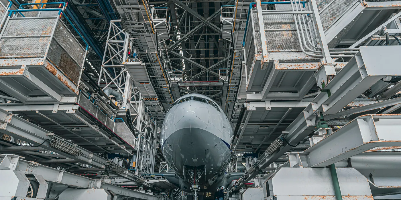 Aircraft in a heavy maintenance dock